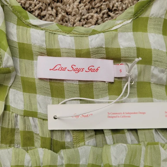 Lisa Says Gah Olive Gingham Dahlia Dress Green White Plaid Size Small NWT - Picture 4 of 6